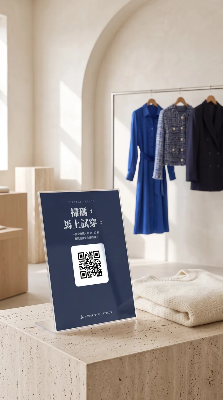Mockup of the in-store QR code: an acrylic stand in the store, scan to try on (AI-generated scene)